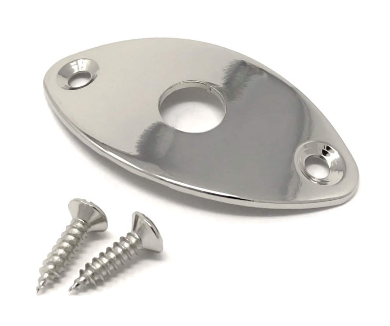 Vintage Forge Nickel Oval Jack Plate for Guitar and Bass with Screws Curved Metal Football Shape JPF30-NKL - Image 1